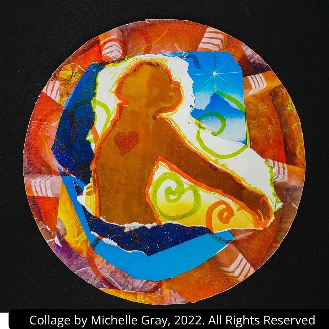 A painting of a person in the middle of an abstract circle.